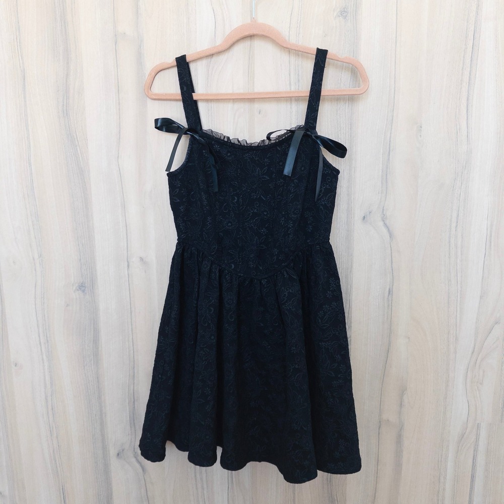 Womens Corset Mini Dress XS Black Floral Jacquard Ribbon Coquette Whimisgoth